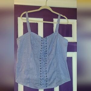 Torrid Poplin Lace-up Cami Top Blue White Striped Stretchy- Never Worn